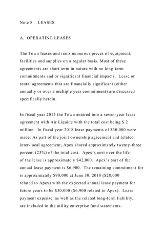 Note 8 LEASES
A. OPERATING LEASES
The Town leases and rents numerous pieces of equipment,
facilities and supplies on a regular basis. Most of these
agreements are short term in nature with no long-term
commitments and or significant financial impacts. Lease or
rental agreements that are financially significant (either
annually or over a multiple year commitment) are discussed
specifically herein.
In fiscal year 2015 the Town entered into a seven-year lease
agreement with Air Liquide with the total cost being $.2
million. In fiscal year 2018 lease payments of $30,000 were
made. As part of the joint ownership agreement and related
inter-local agreement, Apex shared approximately twenty-three
percent (23%) of the total cost. Apex’s cost over the life
of the lease is approximately $42,000. Apex’s part of the
annual lease payment is $6,900. The remaining commitment for
is approximately $90,000 at June 30, 2018 ($28,000
related to Apex) with the expected annual lease payment for
future years to be $30,000 ($6,900 related to Apex). Lease
payment expense, as well as the related long-term liability,
are included in the utility enterprise fund statements.
 