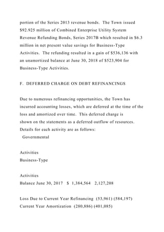 portion of the Series 2013 revenue bonds. The Town issued
$92.925 million of Combined Enterprise Utility System
Revenue Refunding Bonds, Series 2017B which resulted in $6.3
million in net present value savings for Business-Type
Activities. The refunding resulted in a gain of $536,136 with
an unamortized balance at June 30, 2018 of $523,904 for
Business-Type Activities.
F. DEFERRED CHARGE ON DEBT REFINANCINGS
Due to numerous refinancing opportunities, the Town has
incurred accounting losses, which are deferred at the time of the
loss and amortized over time. This deferred charge is
shown on the statements as a deferred outflow of resources.
Details for each activity are as follows:
Governmental
Activities
Business-Type
Activities
Balance June 30, 2017 $ 1,384,564 2,127,208
Loss Due to Current Year Refinancing (53,961) (584,197)
Current Year Amortization (280,886) (401,085)
 