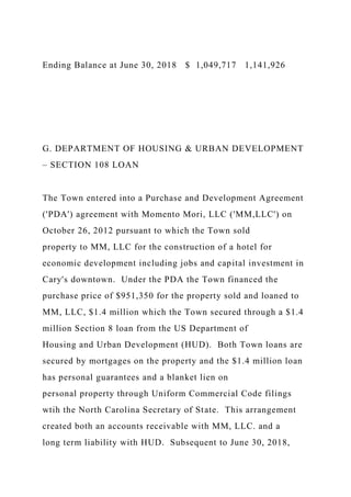 Ending Balance at June 30, 2018 $ 1,049,717 1,141,926
G. DEPARTMENT OF HOUSING & URBAN DEVELOPMENT
– SECTION 108 LOAN
The Town entered into a Purchase and Development Agreement
('PDA') agreement with Momento Mori, LLC ('MM,LLC') on
October 26, 2012 pursuant to which the Town sold
property to MM, LLC for the construction of a hotel for
economic development including jobs and capital investment in
Cary's downtown. Under the PDA the Town financed the
purchase price of $951,350 for the property sold and loaned to
MM, LLC, $1.4 million which the Town secured through a $1.4
million Section 8 loan from the US Department of
Housing and Urban Development (HUD). Both Town loans are
secured by mortgages on the property and the $1.4 million loan
has personal guarantees and a blanket lien on
personal property through Uniform Commercial Code filings
wtih the North Carolina Secretary of State. This arrangement
created both an accounts receivable with MM, LLC. and a
long term liability with HUD. Subsequent to June 30, 2018,
 