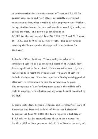 of compensation for law enforcement officers and 7.55% for
general employees and firefighters, actuarially determined
as an amount that, when combined with employee contributions,
is expected to finance the costs of benefits earned by employees
during the year. The Town’s contributions to
LGERS for the years ended June 30, 2018, 2017 and 2016 were
$6.1, $5.9 and $5.0 million, respectively. The contributions
made by the Town equaled the required contributions for
each year.
Refunds of Contributions: Town employees who have
terminated service as a contributing member of LGERS, may
file an application for a refund of their contributions. By state
law, refunds to members with at least five years of service
include 4% interest. State law requires a 60 day waiting period
after service termination before the refund may be paid.
The acceptance of a refund payment cancels the individual’s
right to employer contributions or any other benefit provided by
LGERS.
Pension Liabilities, Pension Expense, and Deferred Outflows of
Resources and Deferred Inflows of Resources Related to
Pensions: At June 30, 2018, the Town reported a liability of
$19.5 million for its proportionate share of the net pension
liability ($18 million governmental, $1.5 million business-type).
 