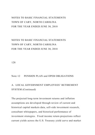NOTES TO BASIC FINANCIAL STATEMENTS
TOWN OF CARY, NORTH CAROLINA
FOR THE YEAR ENDED JUNE 30, 2018
NOTES TO BASIC FINANCIAL STATEMENTS
TOWN OF CARY, NORTH CAROLINA
FOR THE YEAR ENDED JUNE 30, 2018
128
Note 12 PENSION PLAN and OPEB OBLIGATIONS
A. LOCAL GOVERNMENT EMPLOYEES’ RETIREMENT
SYSTEM (Continued)
The projected long-term investment returns and inflation
assumptions are developed through review of current and
historical capital markets data, sell-side investment research,
consultant whitepapers, and historical performance of
investment strategies. Fixed income return projections reflect
current yields across the U.S. Treasury yield curve and market
 