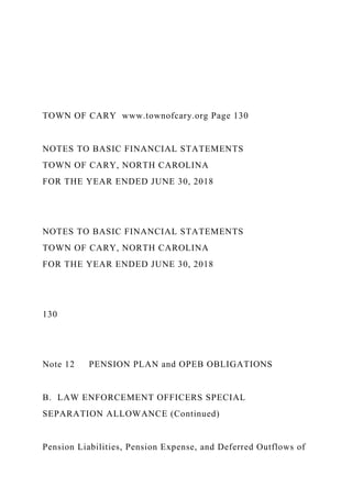 TOWN OF CARY www.townofcary.org Page 130
NOTES TO BASIC FINANCIAL STATEMENTS
TOWN OF CARY, NORTH CAROLINA
FOR THE YEAR ENDED JUNE 30, 2018
NOTES TO BASIC FINANCIAL STATEMENTS
TOWN OF CARY, NORTH CAROLINA
FOR THE YEAR ENDED JUNE 30, 2018
130
Note 12 PENSION PLAN and OPEB OBLIGATIONS
B. LAW ENFORCEMENT OFFICERS SPECIAL
SEPARATION ALLOWANCE (Continued)
Pension Liabilities, Pension Expense, and Deferred Outflows of
 