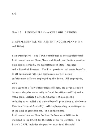 132
Note 12 PENSION PLAN and OPEB OBLIGATIONS
C. SUPPLEMENTAL RETIREMENT INCOME PLAN (401K
and 401A)
Plan Description - The Town contributes to the Supplemental
Retirement Income Plan (Plan), a defined contribution pension
plan administered by the Department of State Treasurer
and a Board of Trustees. The Plan provides retirement benefits
to all permanent full-time employees, as well as law
enforcement officers employed by the Town. All employees,
with
the exception of law enforcement officers, are given a choice
between the plan statutorily defined for officers (401k) and a
401A plan. Article 5 of G.S. Chapter 135 assigns the
authority to establish and amend benefit provisions to the North
Carolina General Assembly. All employees begin participation
at the date of employment. The Supplemental
Retirement Income Plan for Law Enforcement Officers is
included in the CAFR for the State of North Carolina. The
State’s CAFR includes the pension trust fund financial
 