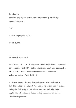 Employees
Inactive employees or beneficiaries currently receiving
benefit payments
260
Active employees 1,190
Total 1,450
Total OPEB Liability
The Town's total OPEB liability of $146.4 million ($119 million
governmental and $27.4 million business-type) was measured as
of June 30, 2017 and was determined by an actuarial
valuation date of April 1, 2018.
Actuarial assumptions and other inputs - The total OPEB
liability in the June 30, 2017 actuarial valuation was determined
using the following actuarial assumptions and othe inputs,
applied to all periods included in the measurement unless
otherwise specified:
 