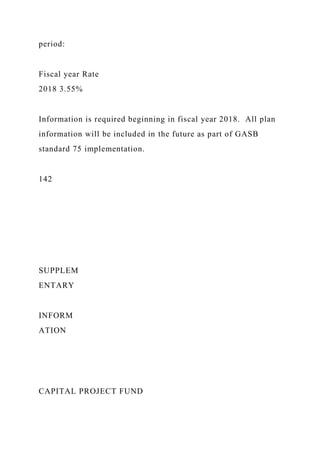 period:
Fiscal year Rate
2018 3.55%
Information is required beginning in fiscal year 2018. All plan
information will be included in the future as part of GASB
standard 75 implementation.
142
SUPPLEM
ENTARY
INFORM
ATION
CAPITAL PROJECT FUND
 