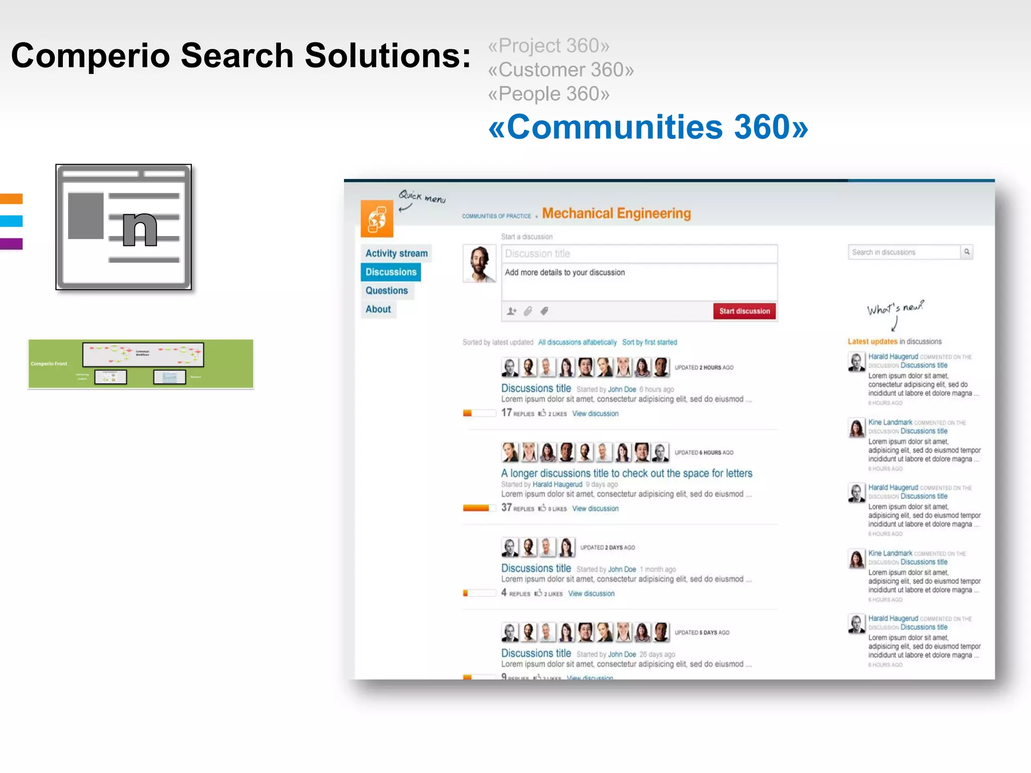 «Project 360»
Comperio Search Solutions:   «Customer 360»
                             «People 360»
                             «Communities 360»
 