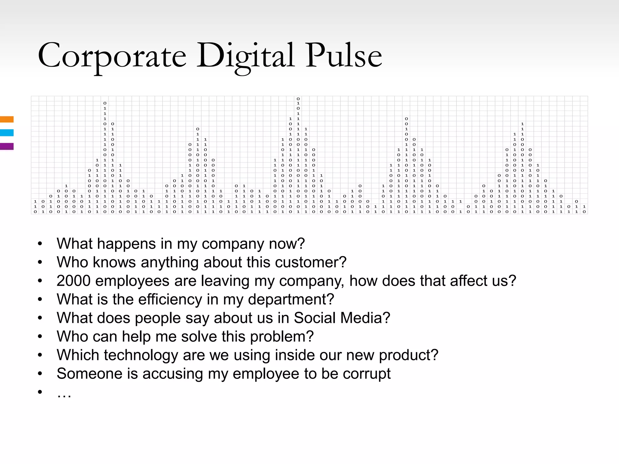 Corporate Digital Pulse
                                                                                                                                        0
                                    0                                                                                                   1
                                    1                                                                                                   0
                                    1                                                                                                   1
                                    1                                                                                               1   1                                                       0
                                    0   0                                                                                           0   1                                                       0                                                           1
                                    1   1                                           0                                               0   1   1                                                   1                                                           1
                                    1   1                                           1                                               1   1   1                                                   0                                                       1   1
                                    1   0                                           1   1                                       1   0   0   0                                                   0   0                                                   1   0
                                    1   0                                       0   1   1                                       1   0   0   0                                                   1   0                                                   0   0
                                    0   1                                       0   1   0                                       0   1   1   1   0                                           1   1   1   1                                           0   1   0   0
                                    0   0                                       0   0   0                                       1   1   1   0   0                                           0   1   0   0                                           1   0   0   0
                                1   1   1                                       0   1   0   0                               1   1   0   1   1   0                                           0   1   0   1   1                                       1   0   1   0
                                0   1   1   1                                   1   0   0   0                               1   0   0   1   1   0                                       1   1   0   1   0   0                                       0   0   1   0   1
                            0   1   1   0   1                                   1   0   1   0                               0   1   0   0   0   1                                       1   1   0   1   0   0                                       0   0   0   1   0
                            1   1   1   0   1                               1   0   0   1   0                               1   0   0   0   0   1   1                                   0   0   1   0   0   1                                   0   0   1   1   0   1
                            0   0   0   1   0   0                       0   1   0   0   0   1                               1   0   0   1   1   0   0                                   0   1   0   1   1   0                                   0   1   0   1   1   1   0
                1           0   0   0   1   1   0                   0   0   0   0   1   1   0           0   1               0   1   0   1   1   0   1                   0           1   0   1   0   1   1   0   0                       0       1   1   0   1   0   0   1
            0   0   0       0   1   1   0   0   1   0   1           1   1   0   1   0   1   1   1       0   1   0   1       0   0   1   0   0   0   1   0           1   0           1   0   1   1   1   0   1   1                       1   0   1   0   1   0   1   1   0   1
        0   1   0   1   1   1   0   1   1   1   0   0   1   0       0   1   1   1   0   1   0   0       1   1   0   1   0   1   1   1   0   1   1   0   1       0   1   0           0   1   1   1   0   0   0   1   0               0   0   0   1   1   0   0   1   1   1   1   0
1   0   1   0   0   0   0   1   1   1   0   1   0   1   0   1   1   1   0   1   0   1   0   1   0   1   1   1   0   1   0   0   1   1   1   0   1   0   1   1   0   0   0   0       1   1   0   1   0   1   1   0   1   1   1       0   0   1   0   1   1   0   0   0   0   1   1       0
1   0   1   0   0   0   0   1   1   0   0   1   0   1   0   1   1   1   0   1   0   0   1   1   1   0   1   0   1   1   0   0   0   0   0   1   0   0   1   0   1   0   1   0   1   1   1   0   1   1   0   1   1   0   0       0   1   1   0   0   1   1   1   1   0   0   1   1   0   1   1
0   1   0   0   1   0   1   0   1   0   0   0   0   1   1   0   0   1   0   1   0   1   1   1   0   1   0   0   1   1   1   0   1   0   1   1   0   0   0   0   0   1   1   0   1   0   1   1   0   1   1   1   0   0   0   1   0   1   1   0   0   0   0   1   1   0   0   1   1   1   1   0




    •       What happens in my company now?
    •       Who knows anything about this customer?
    •       2000 employees are leaving my company, how does that affect us?
    •       What is the efficiency in my department?
    •       What does people say about us in Social Media?
    •       Who can help me solve this problem?
    •       Which technology are we using inside our new product?
    •       Someone is accusing my employee to be corrupt
    •       …
 