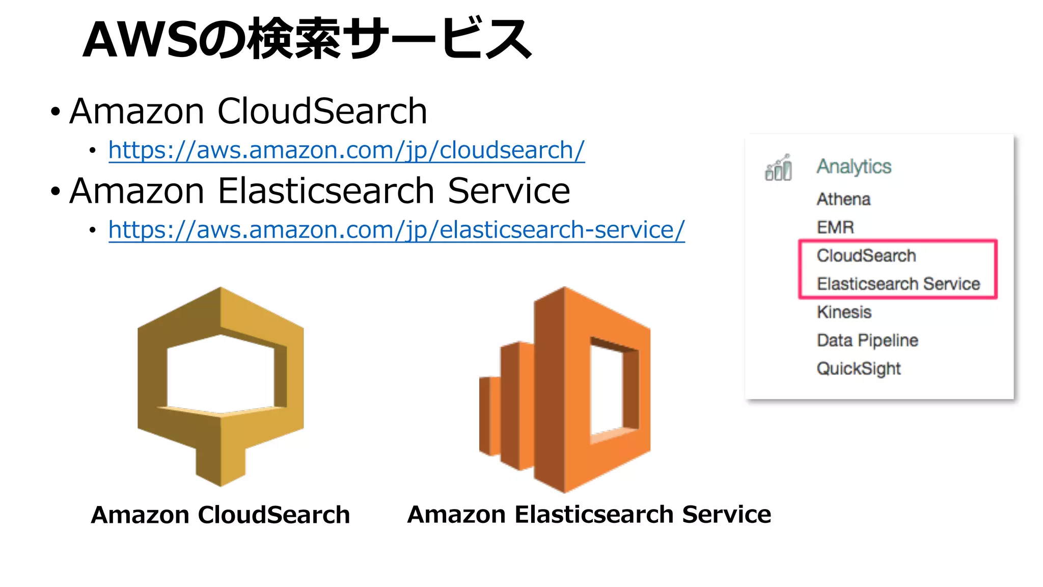 AWSの検索サービス
• Amazon CloudSearch
• https://aws.amazon.com/jp/cloudsearch/
• Amazon Elasticsearch Service
• https://aws.amazon.com/jp/elasticsearch-service/
Amazon CloudSearch Amazon Elasticsearch Service
 
