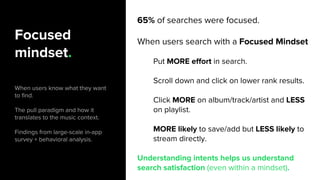Focused
mindset.
When users know what they want
to find.
The pull paradigm and how it
translates to the music context.
Findings from large-scale in-app
survey + behavioral analysis.
65% of searches were focused.
When users search with a Focused Mindset
Put MORE effort in search.
Scroll down and click on lower rank results.
Click MORE on album/track/artist and LESS
on playlist.
MORE likely to save/add but LESS likely to
stream directly.
Understanding intents helps us understand
search satisfaction (even within a mindset).
 