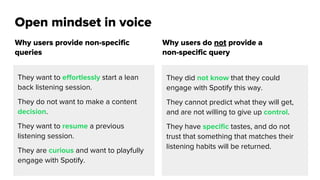 Why users provide non-specific
queries
Open mindset in voice
Private & Confidential, For Internal Use
Only
Why users do not provide a
non-specific query
They want to effortlessly start a lean
back listening session.
They do not want to make a content
decision.
They want to resume a previous
listening session.
They are curious and want to playfully
engage with Spotify.
They did not know that they could
engage with Spotify this way.
They cannot predict what they will get,
and are not willing to give up control.
They have specific tastes, and do not
trust that something that matches their
listening habits will be returned.
 