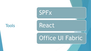 Tools
SPFx
React
Office UI Fabric
 