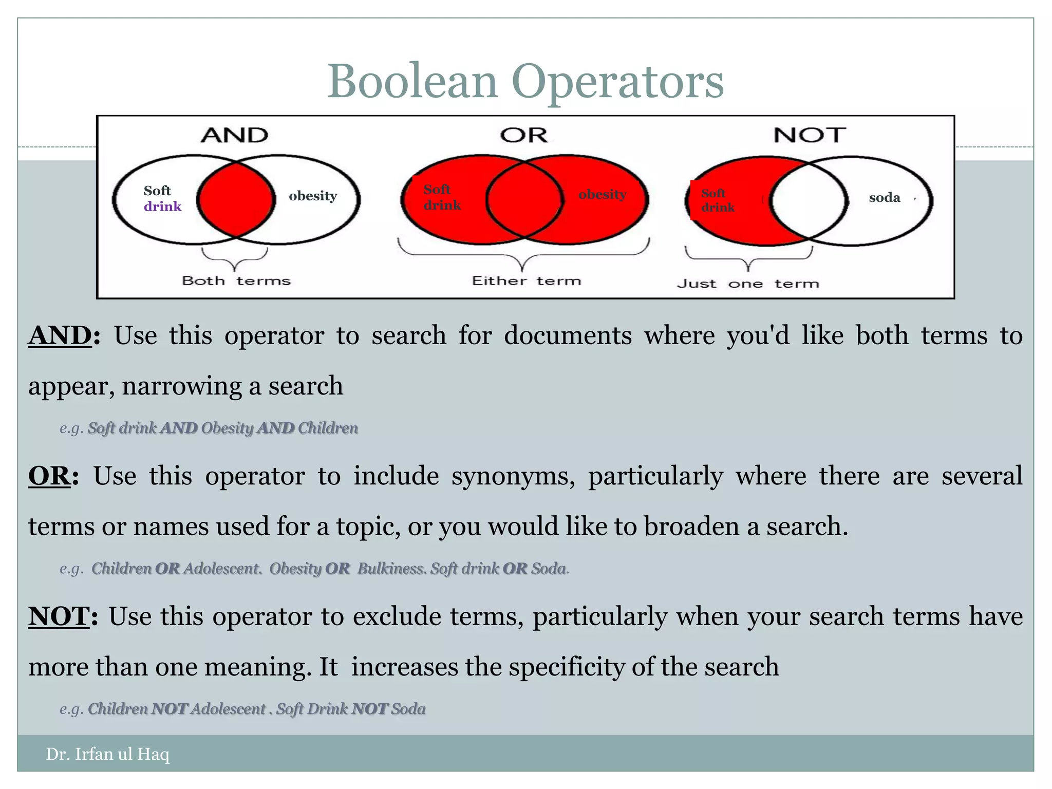 Boolean Operators
AND: Use this operator to search for documents where you'd like both terms to
appear, narrowing a search
e.g. Soft drink AND Obesity AND Children
OR: Use this operator to include synonyms, particularly where there are several
terms or names used for a topic, or you would like to broaden a search.
e.g. Children OR Adolescent. Obesity OR Bulkiness. Soft drink OR Soda.
NOT: Use this operator to exclude terms, particularly when your search terms have
more than one meaning. It increases the specificity of the search
e.g. Children NOT Adolescent . Soft Drink NOT Soda
Soft
drink
Soft
drink
soda
Soft
drink
obesity obesity
Dr. Irfan ul Haq
 