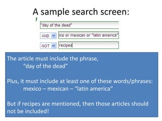 A sample search screen:



The article must include the phrase,
      “day of the dead”

Plus, it must include at least one of these words/phrases:
        mexico – mexican – “latin america”

But if recipes are mentioned, then those articles should
not be included!
 