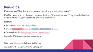 Keywords
Key question; What is the assignment question you are being asked?
Key Concepts sum up the main ideas or topics of the assignment. They provide direction
and structure for your searching of library resources.
Example:
● Key Question: What am I being asked?
Example: Judith Butler claims that gender is performative - Discuss
● Key search words: Judith Butler , Gender , Performance
Use AND / OR between keywords for searching
Note: Use a Thesaurus to help you find the best
keywords for the assignment you’re working on!
 