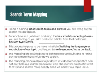 Search Term Mapping
 Keep a running list of search terms and phrases you are trying as you
search the databases.
 For each source, jot down and map the key words/concepts/phrases
you are finding as you skim and scan articles from that database.
DO NOT TAKE NOTES.
 This process helps us to be more mindful of building the language or
vocabulary of our topic and to possibly refine/narrow/focus our topic.
 The mapping process helps us to get more robust results and to “mine”
our topic more thoughtfully as we search.
 The mapping process allows to jot down key ideas/concepts that can
not only help our search process but can also identify points of interest
to revisit and search more deeply once we narrow our topic focus.
 