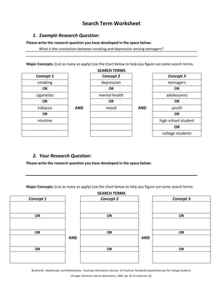 Search Term Worksheet

   1. Example Research Question:
Please write the research question you have developed in the space below:
         What is the connection between smoking and depression among teenagers?


Major Concepts: (List as many as apply) Use the chart below to help you figure out some search terms.
                                                         SEARCH TERMS
      Concept 1                                            Concept 2                                              Concept 3
       smoking                                             depression                                             teenagers
           OR                                                      OR                                                   OR
      cigarettes                                          mental health                                          adolescents
           OR                                                      OR                                                   OR
        tobacco                       AND                       mood                        AND                      youth
           OR                                                                                                           OR
       nicotine                                                                                            high school student
                                                                                                                    OR
                                                                                                             college students




   2. Your Research Question:
Please write the research question you have developed in the space below:




Major Concepts: (List as many as apply) Use the chart below to help you figure out some search terms.
                                                         SEARCH TERMS
 Concept 1                                                Concept 2                                                   Concept 3


     OR                                                          OR                                                        OR



     OR                                                          OR                                                        OR
                                 AND                                                          AND

     OR                                                          OR                                                        OR




   Burkhardt, MacDonald, and Rathemacher. Teaching Information Literacy: 35 Practical, Standards-based Exercises for College Students.
                                   Chicago: American Library Association, 2003, pp. 30-31 (Exercise 12).
 