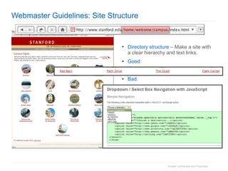 Webmaster Guidelines: Site Structure Directory structure     Make a site with a clear hierarchy and text links. Good :  Bad : 