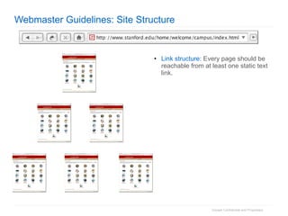 Webmaster Guidelines: Site Structure Link structure : Every page should be reachable from at least one static text link. 