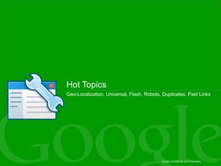Hot Topics Geo-Localization, Universal, Flash, Robots, Duplicates, Paid Links  