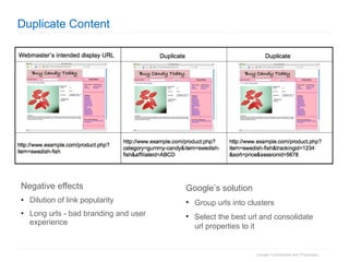 Duplicate Content Negative effects Dilution of link popularity  Long urls - bad branding and user experience Google’s solution Group urls into clusters Select the best url and consolidate url properties to it 
