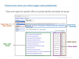 Crawl errors show you which pages were problematic See error types for specific URLs to quickly identify and easily fix issues Page Type: web, mobile Crawl error summary Error detail Date stamp URLs with errors 