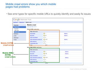 Mobile crawl errors show you which mobile  pages had problems See error types for specific mobile URLs to quickly identify and easily fix issues Mobile CHTML crawl errors Mobile WML/ XHTML crawl errors 