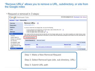 “ Remove URLs” allows you to remove a URL, subdirectory, or site from the Google index Request a removal in 3 steps: Step 1: Make a New Removal Request Step 2: Select Removal type (site, sub directory, URL)  Step 3: Submit URL path 