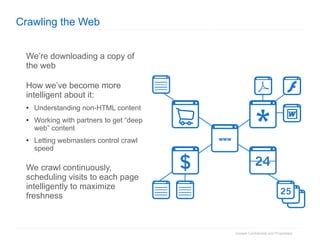 Crawling the Web We’re downloading a copy of the web How we’ve become more intelligent about it: Understanding non-HTML content Working with partners to get “deep web” content Letting webmasters control crawl speed We crawl continuously, scheduling visits to each page intelligently to maximize freshness www 