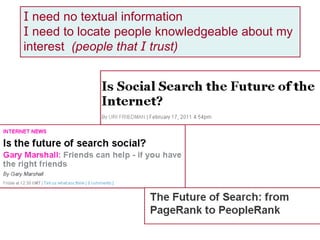 I  need no textual information I  need to locate people knowledgeable about my interest  (people that  I  trust) 