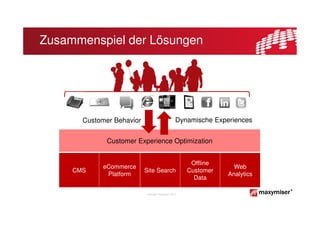 Zusammenspiel der Lösungen




       Customer Behavior                           Dynamische Experiences


              Customer Experience Optimization


                                                        Offline
            eCommerce                                               Web
     CMS                   Site Search                 Customer
             Platform                                             Analytics
                                                         Data

                            Copyright Maxymiser 2013
 