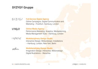 SYZYGY Gruppe



                  Full-Service Digital Agency
                  Online Campaigns, Digital Communication and
                  Marketing – Frankfurt, Hamburg, London

                  Online Media Agency
                  Performance Marketing, Analytics, Mediaplanning,
                  Media Management Tools – Hamburg, London

                  Multidisciplinary Design Studio
                  Interactive Design, Motiondesign, Installations
                  – Hamburg, London, New York, Berlin

                  Multidisciplinary Design Studio
                  Imagination Design, Interactive, Motiondesign,
                  Digital Illustrations – Warschau




01   AGENTURVORSTELLUNG                       5
 