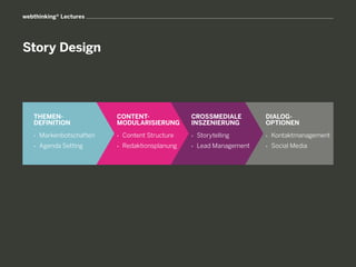 webthinking® Lectures




Story Design

  Prozesse                      Konzeption                     Service Design           Integration

  •	    Vertrieb                •	   Innovation                •	   Funktionen          •	   Organisation

  •	    Services
       THEMEN-                  •	   Unterstützung
                                      CONTENT-            Contact
                                                      • 	 CROSSMEDIALE                      Content
                                                                                        • 	DIALOG-
       DEFINITION                     MODULARISIERUNG 	 INSZENIERUNG
                                                          Pool                          	 OPTIONEN
                                                                                             Distribution
                                                                                        	
       •	   Markenbotschaften         •	   Content Structure        •	   Storytelling     • 	 Kontaktmanagement


  •	
       •	Agenda Setting
        IT                      •	
                                      • 	 Redaktionsplanung
                                     Mehrwert                  •	 Digital Management
                                                                    Lead
                                                                    •	                     • 	 Social Media
                                                                                        • 	 Marketing
                                                                	 Asset                 	 Automation
                                                               	 Management

 •	    etc.                     •	   etc.                      •	   etc.                •	   etc.
 
