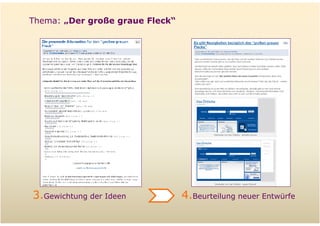 Thema: „Der große graue Fleck“




         3.Gewichtung der Ideen          4.Beurteilung neuer Entwürfe
Folie   19
 