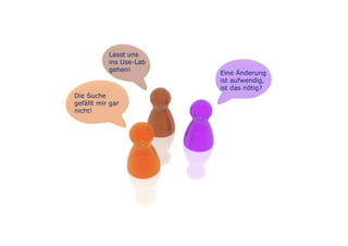 Lasst uns
                        ins Use-Lab
                        gehen!
                                      Eine Änderung
                                      ist aufwendig,
                                      ist das nötig?
             Die Suche
             gefällt mir gar
             nicht!




Seite   3q
 