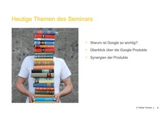 Heutige Themen des Seminars


                        •  Warum ist Google so wichtig?
                        •  Überblick über die Google Produkte
                        •  Synergien der Produkte




                                                      © Yellow Tomato |   3
 