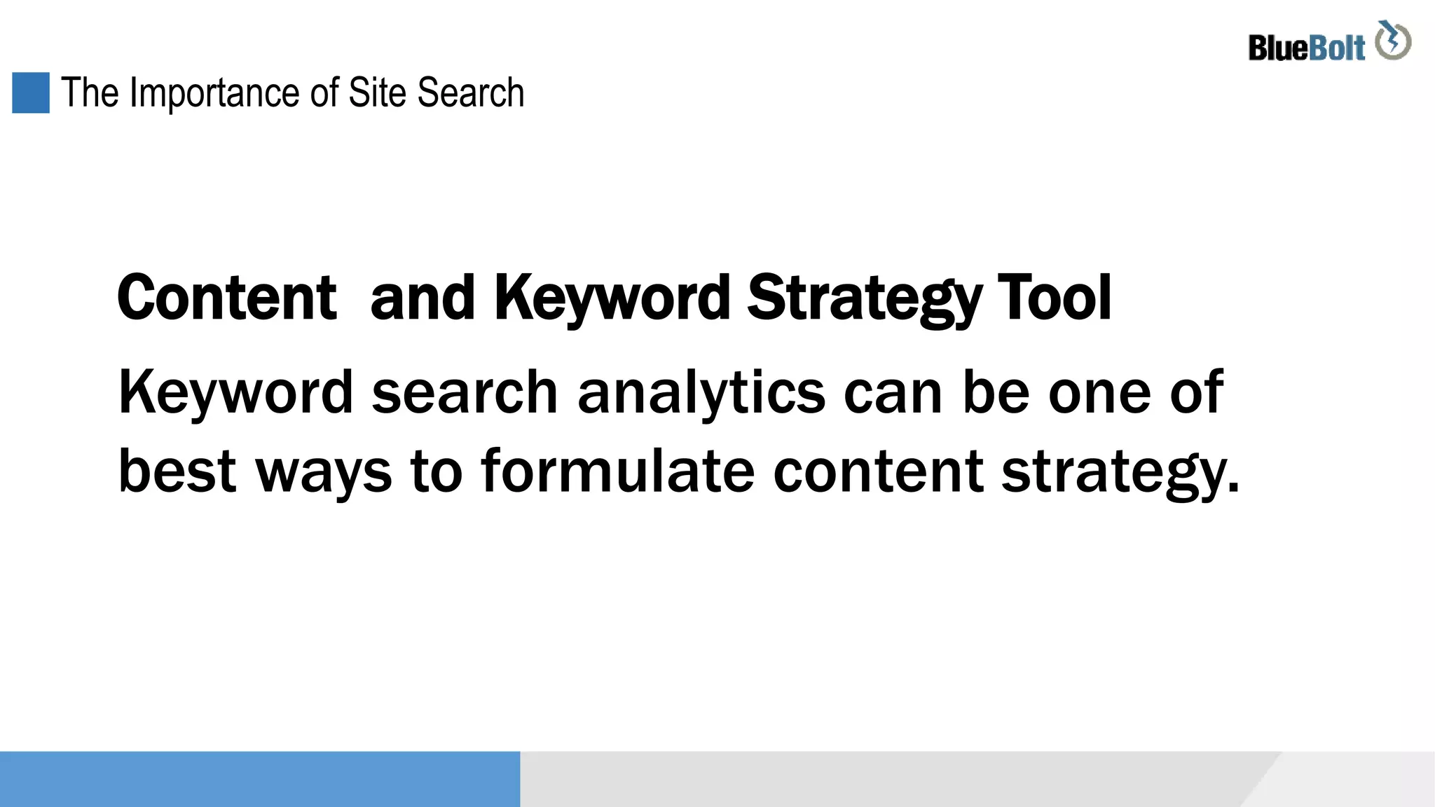 The Importance of Site Search
Content and Keyword Strategy Tool
Keyword search analytics can be one of
best ways to formulate content strategy.
 