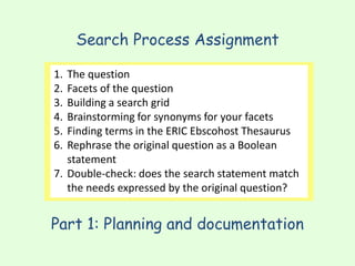 Search Process Assignment
Part 1: Planning and documentation
1. The question
2. Facets of the question
3. Building a search grid
4. Brainstorming for synonyms for your facets
5. Finding terms in the ERIC Ebscohost Thesaurus
6. Rephrase the original question as a Boolean
statement
7. Double-check: does the search statement match
the needs expressed by the original question?
 