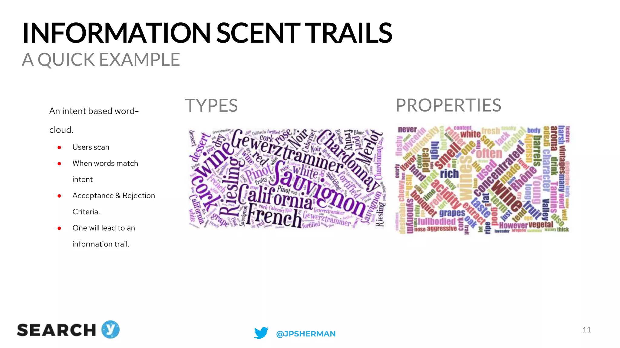 INFORMATION SCENT TRAILS
A QUICK EXAMPLE
11
An intent based word-
cloud.
● Users scan
● When words match
intent
● Acceptance & Rejection
Criteria.
● One will lead to an
information trail.
TYPES PROPERTIES
@JPSHERMAN
 