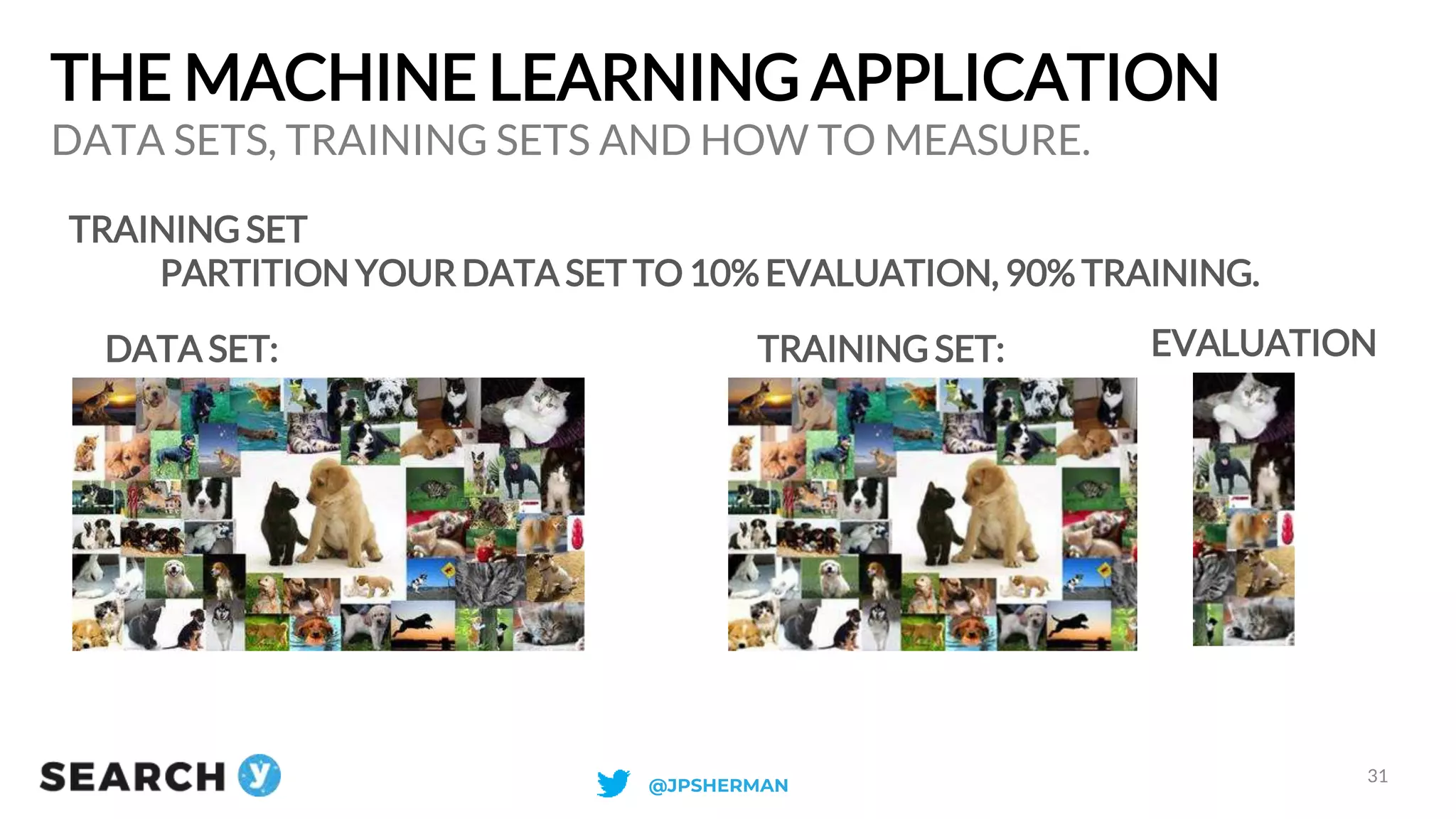 THE MACHINE LEARNING APPLICATION
TRAINING SET
PARTITION YOUR DATA SET TO 10% EVALUATION, 90% TRAINING.
DATA SETS, TRAINING SETS AND HOW TO MEASURE.
31
DATA SET: TRAINING SET: EVALUATION
@JPSHERMAN
 