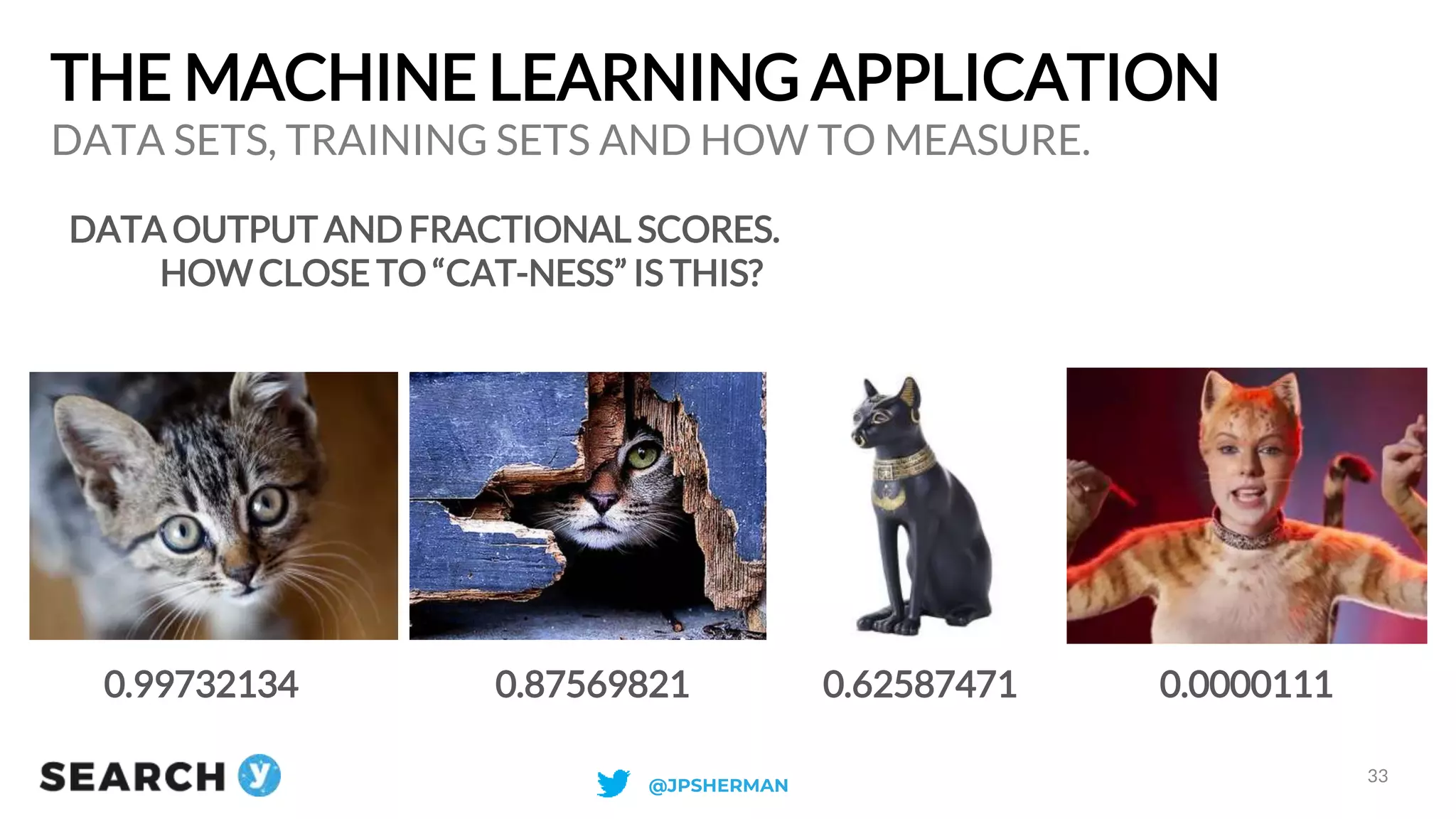 THE MACHINE LEARNING APPLICATION
DATA OUTPUT AND FRACTIONAL SCORES.
HOW CLOSE TO “CAT-NESS” IS THIS?
DATA SETS, TRAINING SETS AND HOW TO MEASURE.
33
0.99732134 0.87569821 0.62587471 0.0000111
@JPSHERMAN
 