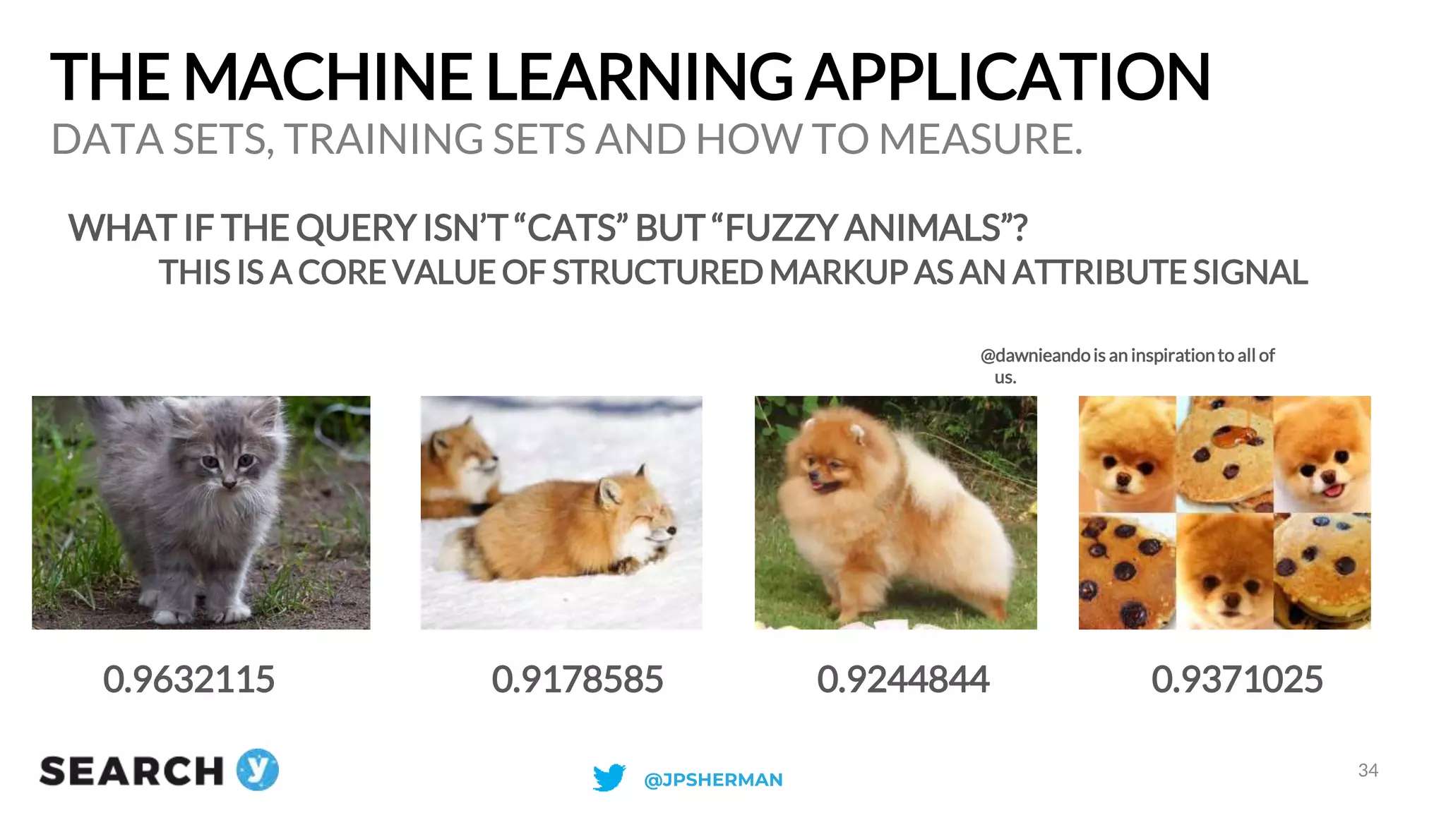 THE MACHINE LEARNING APPLICATION
WHAT IF THE QUERY ISN’T “CATS” BUT “FUZZY ANIMALS”?
THIS IS A CORE VALUE OF STRUCTURED MARKUP AS AN ATTRIBUTE SIGNAL
DATA SETS, TRAINING SETS AND HOW TO MEASURE.
34
0.9632115 0.9178585 0.9244844 0.9371025
@dawnieandois an inspirationto all of
us.
@JPSHERMAN
 
