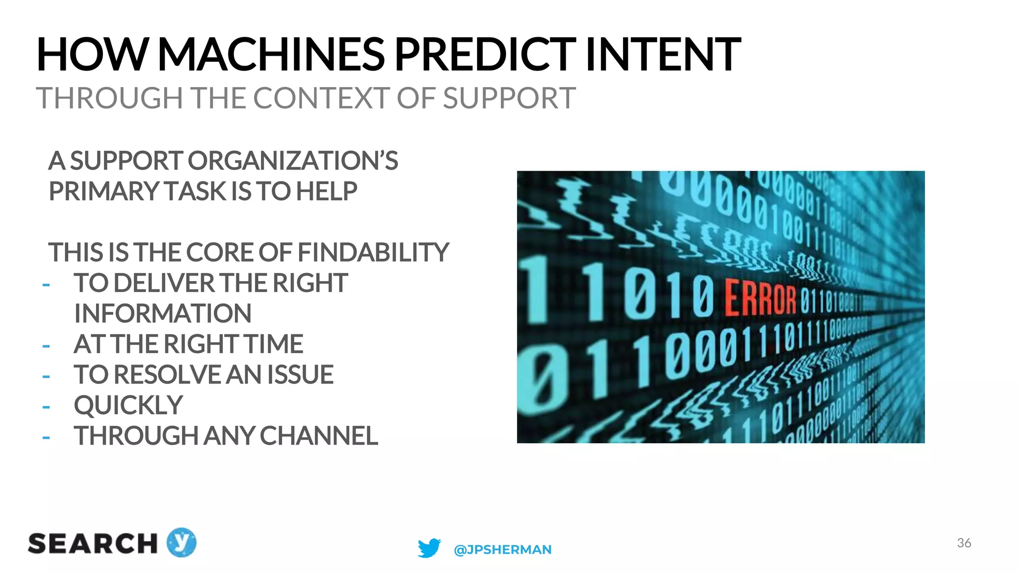 HOW MACHINES PREDICT INTENT
A SUPPORT ORGANIZATION’S
PRIMARY TASK IS TO HELP
THIS IS THE CORE OF FINDABILITY
- TO DELIVER THE RIGHT
INFORMATION
- AT THE RIGHT TIME
- TO RESOLVE AN ISSUE
- QUICKLY
- THROUGH ANY CHANNEL
THROUGH THE CONTEXT OF SUPPORT
36
@JPSHERMAN
 