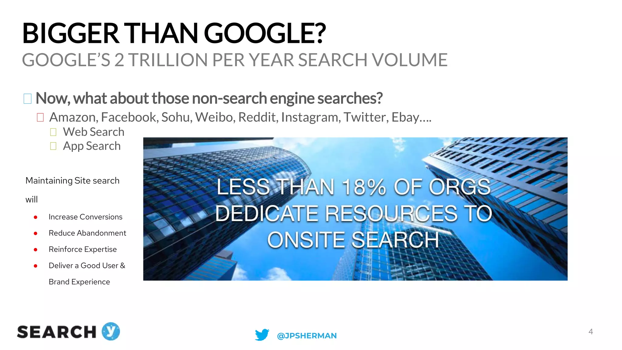 BIGGER THAN GOOGLE?
Now, what about those non-search engine searches?
Amazon, Facebook, Sohu, Weibo, Reddit, Instagram, Twitter, Ebay….
Web Search
App Search
GOOGLE’S 2 TRILLION PER YEAR SEARCH VOLUME
4
Maintaining Site search
will
● Increase Conversions
● Reduce Abandonment
● Reinforce Expertise
● Deliver a Good User &
Brand Experience
@JPSHERMAN
 