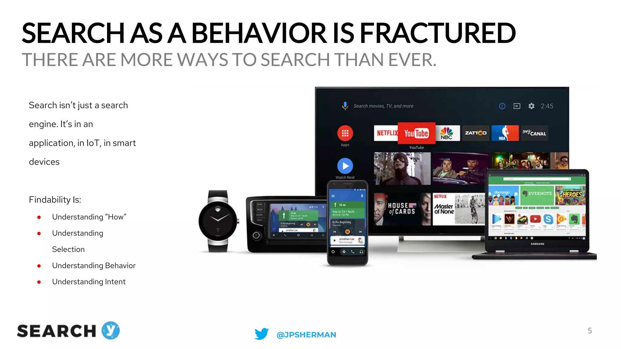 SEARCH AS A BEHAVIOR IS FRACTURED
THERE ARE MORE WAYS TO SEARCH THAN EVER.
5
Search isn’t just a search
engine. It’s in an
application, in IoT, in smart
devices
Findability Is:
● Understanding “How”
● Understanding
Selection
● Understanding Behavior
● Understanding Intent
@JPSHERMAN
 