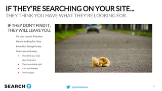 IF THEY’RE SEARCHING ON YOUR SITE...
IF THEY DON’T FIND IT,
THEY WILL LEAVE YOU.
THEY THINK YOU HAVE WHAT THEY’RE LOOKING ...