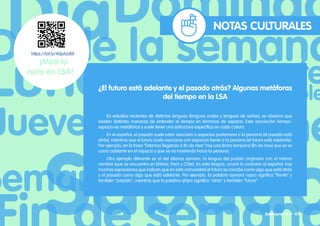 NOTAS CULTURALES
¡Mirá la
nota en LSA!
¿El futuro está adelante y el pasado atrás? Algunas metáforas
del tiempo en la LSA
En estudios recientes de distintas lenguas (lenguas orales y lenguas de señas), se observa que
existen distintas maneras de entender el tiempo en términos de espacio. Esta asociación tiempo-
espacio es metafórica y suele tener una estructura específica en cada cultura.
En el español, el pasado suele estar asociado a espacios posteriores a la persona (el pasado está
atrás), mientras que el futuro suele asociarse con espacios frente a la persona (el futuro está adelante).
Por ejemplo, en la frase “Estamos llegando a fin de mes“ hay una fecha temporal (fin de mes) que se ve
como adelante en el espacio y que se va moviendo hacia la persona.
Otro ejemplo diferente es el del idioma aymara, la lengua del pueblo originario con el mismo
nombre (que se encuentra en Bolivia, Perú y Chile). En esta lengua, ocurre lo contrario al español: hay
muchas expresiones que indican que en esta comunidad el futuro se concibe como algo que está atrás
y el pasado como algo que está adelante. Por ejemplo, la palabra aymara nayra significa “frente“ y
también “pasado“, mientras que la palabra qhipa significa “atrás“ y también “futuro“.
https://bit.ly/40pAzdW
Señario II • 41
 