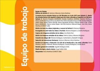 Equipo de Trabajo
Editoras de Señario 2: Verónica Villarreal y Rocío Martínez
Curaduría de las entradas léxicas en LSA filmadas en el año 2017 para Señario 2, diseño
de entradas léxicas LSA-español e ideas para las notas culturales en español y en LSA para
Señario 2: Mariana Bargiano (ASORSAFE), Daniela Castellano (ASORSA), Mariana Rodríguez
(OCS), Carolina Rodríguez (OCS), Ana María Perri (ASO), Elizabeth Enríquez (ASM), Beatriz Pellegrini
(ASM), Rubén Matías Peñas (ASCOR), Noemí Sepúlveda (ACASO), Gabriela Martín (CSR), Cecilia
Berón (ASORSAFE), Patricia Juárez (Depto. LSA-CAS) Verónica Villarreal (Depto. LSA-CAS) y Rocío
Martínez (CONICET-UBA)
Edición de todos los videos (originales y nuevos) de Señario 2: Mariana Bargiano
Encargadas de subir todos los videos a YouTube: Mariana Bargiano y Carolina Rodríguez
Captura de imágenes extraídas de los videos: Ana María Perri
Edición de imágenes extraídas de los videos: Patricia Juárez y Mariana Bargiano
Creación de códigos QR: Mariana Rodríguez, Cecilia Berón y Elizabeth Enríquez
Selección de ilustraciones (Vecteezy): Verónica Villarreal y Rocío Martínez
Escritura en español y traducción a la LSA de la introducción y las notas culturales: Rocío
Martínez, Verónica Villarreal, Mariana Rodriguez, Carolina Rodriguez y Cecilia Berón
Revisión general de contenido: Agustín Rodríguez (CAS)
Diseño de tapa y diseño interior: Hugo Farfán (CAS)
Maquetado: Rocío Martínez (CONICET-UBA)
Equipo
de
trabajo
Señario II • 6
 