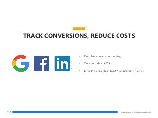 Searix Solutions | B2B Growth Hacking in SG24
ACTIVATION
TRACK CONVERSIONS, REDUCE COSTS
• Each has conversion tracking
• ...