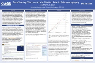 Data Sharing Effect on Article Citation Rate in Paleoceanography
The validation of scientific results requires reproducible methods and
ABSTRACT
Noting that the relatively long cited half-life* of Paleoceanography
PROCEDURE AND ANALYSIS RESULTS CONCLUSIONS
This study demonstrates a connection between the availability of
American Geophysical Union, Washington, DC, USA
Jonathan R. L. Sears
IN53B-1628
The validation of scientific results requires reproducible methods and
data. Often, however, data sets supporting research articles are not
openly accessible and interlinked. This analysis tests whether open
sharing and linking of supporting data through the PANGAEA® data
library measurably increases the citation rate of articles published
between 1993 and 2010 in the journal Paleoceanography as reported
in the Thomson Reuters Web of Science database. The 12.85% (171) of
articles with publicly available supporting data sets received 19.94%
(8,056) of the aggregate citations (40,409). Publicly available data
were thus significantly (p=0.007, 95% confidence interval) associated
with about 35% more citations per article than the average of all
articles sampled over the 18-year study period (1,331), and the
increase is fairly consistent over time (14 of 18 years). This
relationship between openly available, curated data and increased
citation rate may incentivize researchers to share their data.
g y g g p y
articles overall is 8.6 years based on Journal Citation Reports
(JCR)®, 2009 data (Thomson Reuters, 2010), it was decided to
examine articles published over a span of 18 years, from 1993 to
2010. [* The cited half-life is defined as "the number of publication
years from the current year which account for 50% of the current
citations received", or "the median age of the articles that were cited
in the JCR year".]
A total of 171 articles published between 1993 and 2010 in the
journal Paleoceanography were identified as having supporting data
archived in the PANGAEA data library (Figure 1). Those articles were
then searched in Thomson Reuters Web of Science (WoS) bibliographic
database, and the number of citations to each article, date of
publication, and corresponding author's country of origin were
recorded (Figure 2). Searches were conducted over a 2-day period
and double checked to ensure that the counts represented an
This study demonstrates a connection between the availability of
supporting data sets and the citation counts of their parent
articles, and although correlation does not equal causation, it is
possible to speculate about likely reasons behind the increase in
citations. Firstly there is the increased exposure among interested
groups, not only directly via PANGAEA data library search clients, but
also through syndication and dissemination of metadata among
numerous registries and data centers and through various networking
arrangements. A researcher who locates relevant data via any of
these channels is able to link directly to the primary article. It is also
clear that a community of paleoceanographers has become primary
users of these data services. The correlation between publicly
available data and increased literature impact in this study may
further motivate researchers to share their data
REFERENCES40
50
60
70
80
90
100
All Articles
With Data Sets
BACKGROUND AND OBJECTIVES and double-checked to ensure that the counts represented an
accurate snapshot of citations at a fixed point in time, i.e. that no
additional citations were added during the study. Citation counts to
the article set were also made via CrossRef (www.crossref.org) and
Scopus (www.scopus.com) for comparison, and as a check for
reasonableness of each result. The control group was the entire set
of articles published in Paleoceanography between 1993 and 2010
(1,331). Thus the comparison is with the total population 1993-2010;
in other words the comparison is not "with data vs. without data" but
rather "with data vs. with or without data".
Results were tabulated in an Excel spreadsheet (Supplement 1) and
output as a plot of citations/year (Figure 3). Figure 3. Plot of mean citations by year to articles with data sets
vs. citations to all articles in Paleoceanography between 1993 and
2010. Trendline: With Data Sets: R² = 0.845; All Articles: R² =
0.936
Aalbersberg, I. J., and Kähler , O. (2011), Supporting Science through
the Interoperability of Data and Articles, D-Lib
Mag., 17(1/2), doi:10.1045/january2011-aalbersberg
Baker, D. N., C. E. Barton, W. K. Peterson, and P. Fox
(2008), Informatics and the 2007-2008 Electronic Geophysical
Year, Eos Trans AGU, 89(48) 485-486, doi:10.1029/2008EO480001
Costello, M. J. (2009), Motivating online publication of
data, BioScience, 59(5), 418-427, doi:10.1525/bio.2009.59.5.9
Diepenbroek (2011), PANGAEA ® and the ICSU World Data System
(WDS) - towards a global system of data publishers and data
libraries, Geophysical Research Abstracts, Vol. 13, EGU2011-
4859, EGU General Assembly
2011, http://meetingorganizer.copernicus.org/EGU2011/EGU2011-
4859.pdf
Areas such as the physical sciences increasingly encourage open
sharing of supporting data, however a literature search did not show
such a comparison in the geosciences to date. The present
bibliometric analysis was therefore conducted to test whether open
sharing of supporting data measurably increases article citation rate
in the area of paleoceanography, as a "data-driven science", based on
a sample of articles published between 1993 and 2010 in the journal
Paleoceanography (published by AGU, ISSN 0883-8305). The journal is
considered a high-impact journal in its field, ranking highest for
impact factor among the Paleontology category since 1995, and third
in the Oceanography category (Thomson Reuters, 2010).
PANGAEA® (Publishing Network for Geoscientific and Environmental
Data) data library (http://www pangaea de) includes over a half a
0
10
20
30
1992
1993
1994
1995
1996
1997
1998
1999
2000
2001
2002
2003
2004
2005
2006
2007
2008
2009
2010
2011
Kleiner, K., Data on demand (2011), Nature Climate Change, 1, 10-
12, doi:10.1038/nclimate1057
Lee, K., and L. Bero (2006), Ethics: Increasing
accountability, Nature, doi:10.1038/nature05007
Lowry, R., E. Urban, and P. Pissierssens (2009), A New Approach to
Data Publication in Ocean Sciences, Eos Trans.
AGU, 90(50), doi:10.1029/2009EO500004.
National Science Foundation (2011), Dissemination and Sharing of
Research Results, http://www.nsf.gov/bfa/dias/policy/dmp.jsp
Parsons, M.A., R. Duerr, and J.-B. Minster (2010), Data citation and
peer review, Eos Trans AGU, 91(34) 297-
298, doi:10.1029/2010EO340001
Piwowar, H. A., R. S. Day, and D. B. Fridsma (2007), Sharing detailed
reseach data is associated with increased citation rate. PLoS
ONE, 2(3) e308, doi:10.1371/journal.pone.0000308
Data) data library (http://www.pangaea.de) includes over a half a
million data sets. It is open to any project or individual scientist to
archive and publish data, with a strong following within the
paleoceanography community (Diepenbroek, 2011). AGU is one of
several publishers cooperating with PANGAEA to establish web
service-enabled reciprocal linking between articles and their
supporting data sets.
Data sets in the study were almost always deposited with PANGAEA at
the time of publication of the parent article, and citations naturally
increase over time. Mean citations to articles with data were shown to
be higher than those without data in 14 out of the 18 study years .
The citation counts seen in Web of Science, Crossref, and Scopus
bibliographic databases are fairly consistent overall, bearing in mind
the different universes of coverage and selection criteria. Some small
differences may be due to source journals, policy on indexing
comments and corrections, etc., with Scopus showing slightly more
citations overall per article than Web of Science, and Crossref
consistently at about ⅓ to ½ of the Web of Science numbers.
RESEARCH POSTER PRESENTATION DESIGN © 2011
www.PosterPresentations.com
, ( ) , j p
Thomson Reuters (2010). 2009 Journal Citation Reports ®.
Jon Sears jsears@agu.org +1-202-777-7525
Sears, J.R.L. (2011), Data sharing effect on article citation rate in
paleoceanography, Abstract IN53B-1628, presented at 2011 Fall
Meeting, AGU, San Francisco, Calif., 5-9 Dec.
The 12.85% (171) of articles with publicly available supporting data
sets received 19.94% (8,056) of the aggregate citations (40,409), or
about 35% more citations per article than the average of all articles
sampled over the 18-year study period (1,331). Thus, publicly available
data was significantly (p = 0.007, 95% confidence interval) associated
with a 35% increase in citations .
Figure 1: PANGAEA metadata record showing (a) Formal Citation to
Data set including DOI ; (b) Parent article citation and link via DOI; and
(c) Geospatial coordinates; and (d) Rich added metadata –
parameters, date/time, sensors etc.
CONTACTFigure 2. Web of Science record from Paleoceanography showing
number of citing articles (circled in red)
CITATION
 