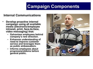 Campaign Components
Internal Communications
• Develop proactive internal
campaign using all available
media (electronic/employee
intranet, print, face-to-face,
video messaging) that:
– Galvanizes employees behind
company’s new direction.
– Enhances understanding of
need to improve customer
service and leverages them
as public ambassadors.
– Informs employees about
progress/problems before
general public.
 